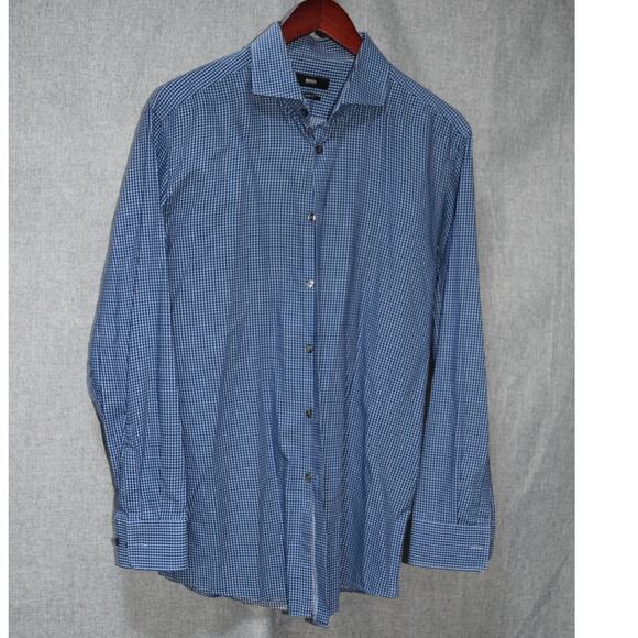 Hugo Boss Blue Gingham Check Button-Up Shirt Size 16.5 32/33 - Picture 1 of 3